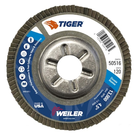 Weiler 4-1/2" Tiger DiscFlap Disc, Conical (TY29), 120Z, 7/8" 50516